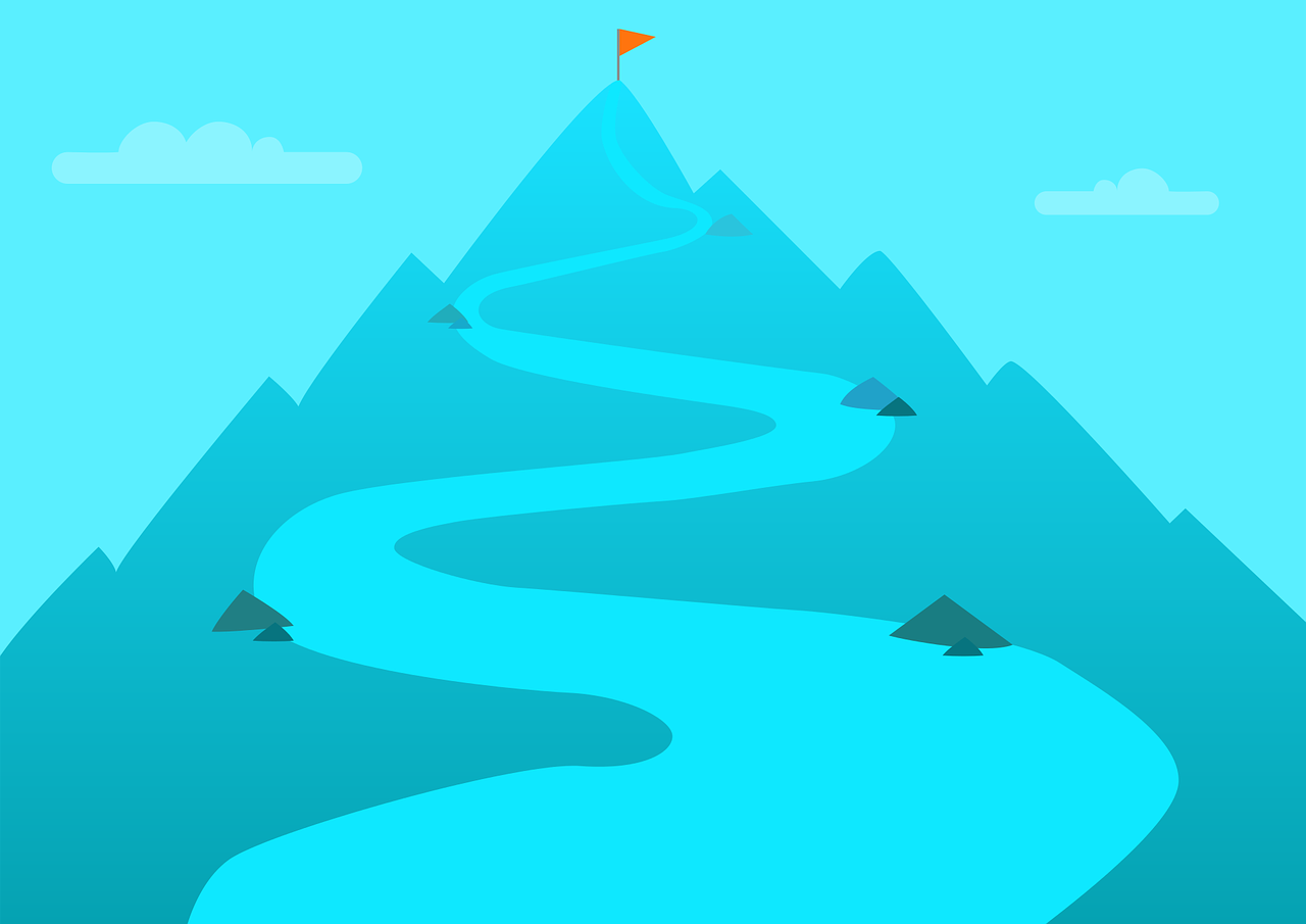 Graphic of a dark blue mountain with a winding path leading upward toward the top where there is a triangular orange flag to mark the summit.