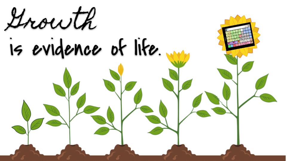 Caption at the top reads "growth is evidence of life."  There are five progressive images of a growing sunflower starting at the left with a stem with a few leaves the progressing to more leaves, a bud, and finally a blossom with an AAC device at the center of the face of the sunflower.