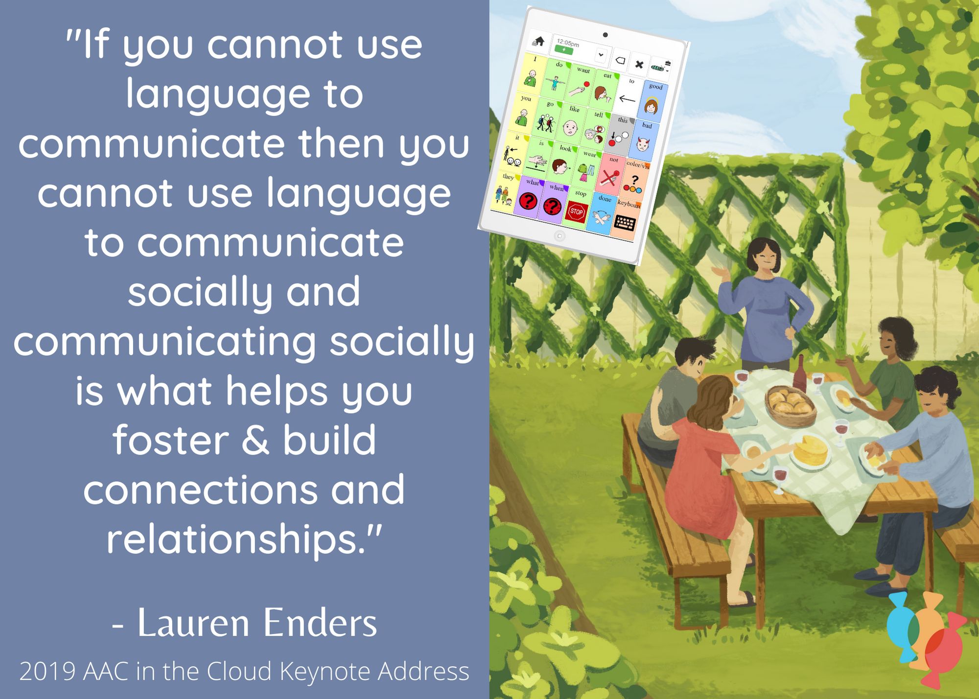 Graphic reads: If you cannot use language to communicate then you cannot use langauge to communicate socially and communicating socially is what helps you foster and build connections and relationships.  -Lauren Enders, 2019 AAC in the Cloud Keynot Address.  Next to the quote is a graphic of a family in a yard sitting at a picnic table eating together.  There is an AAC device displayed.  The CoughDrop logo is in the bottom right corner of the image.