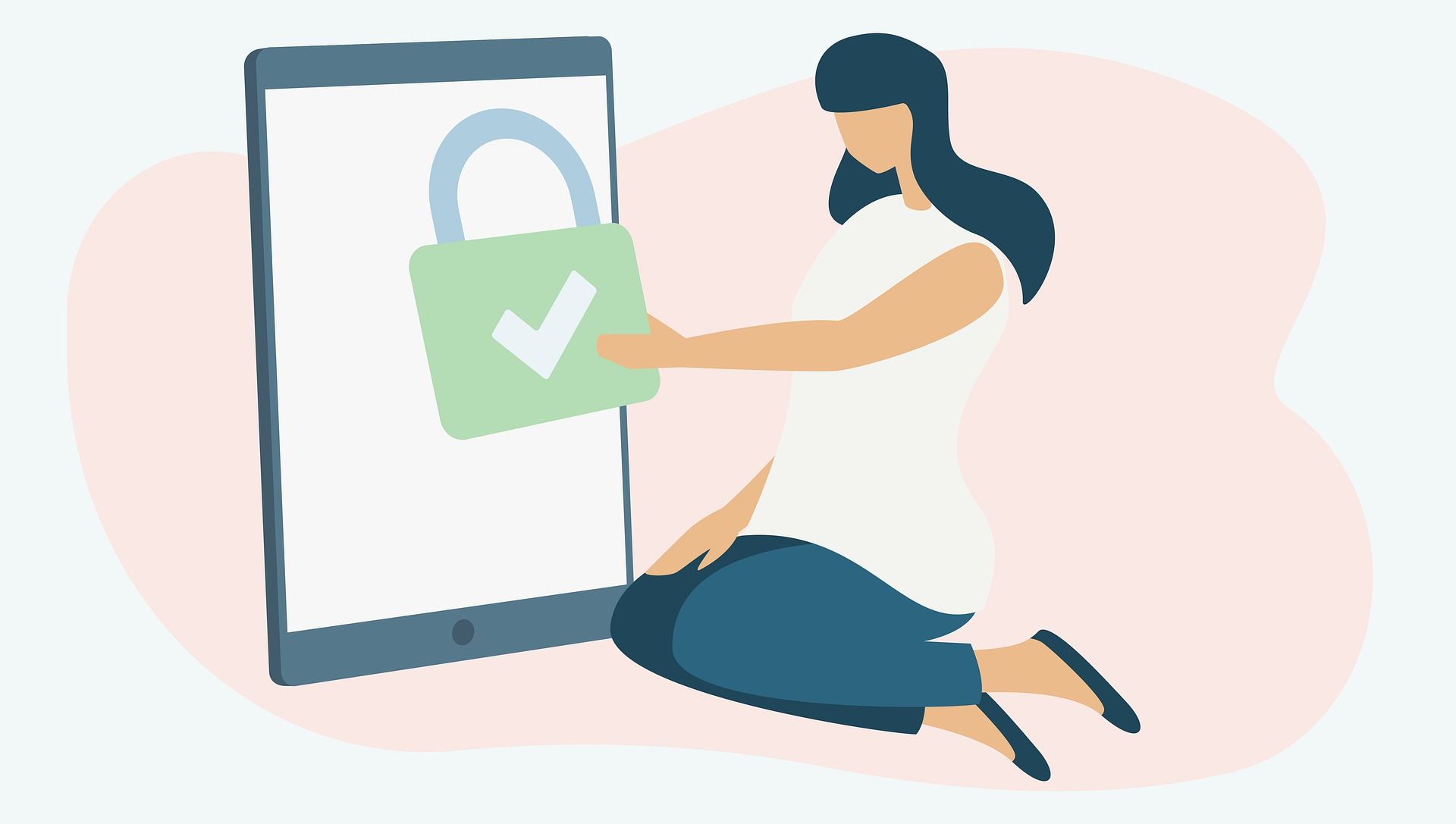 Image shows a dark haired woman in a white short sleeved shirt and dark blue pants kneeling next to a very large tablet which has a green padlock on the screen.  She is reaching out one hand to touch the padlock.