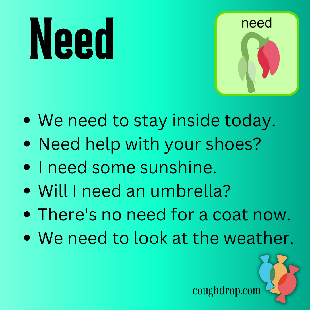 Need: We need to stay inside today.  Need help with your shoes?  I need some sunshine.  Will I need an umbrella?  There's no need for a coat now.  We need to look at the weather.