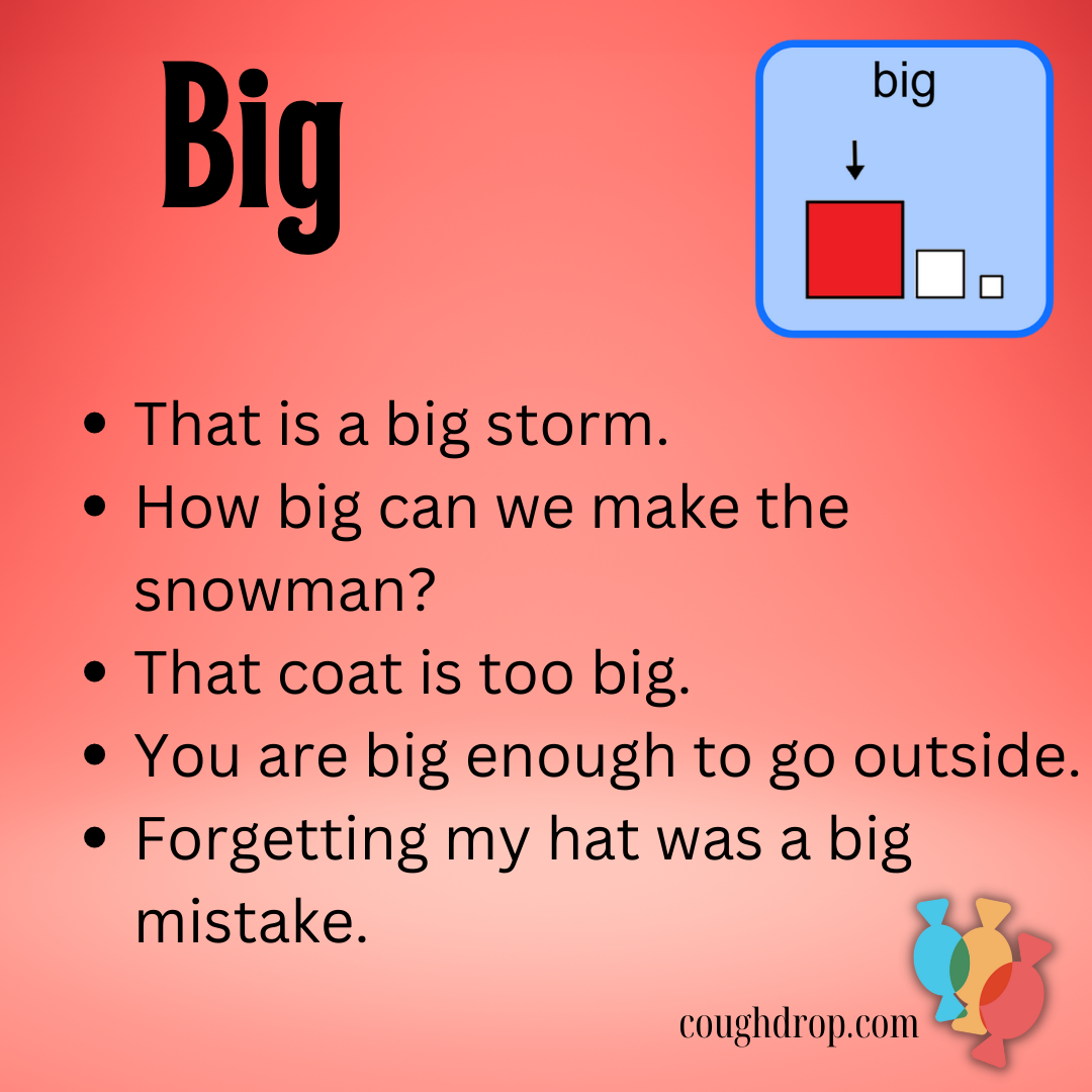Big: That is a big storm.  How big can we make the snowman?  That coat is too big.  You are big enough to go outside.  Forgetting my hat was a big mistake.