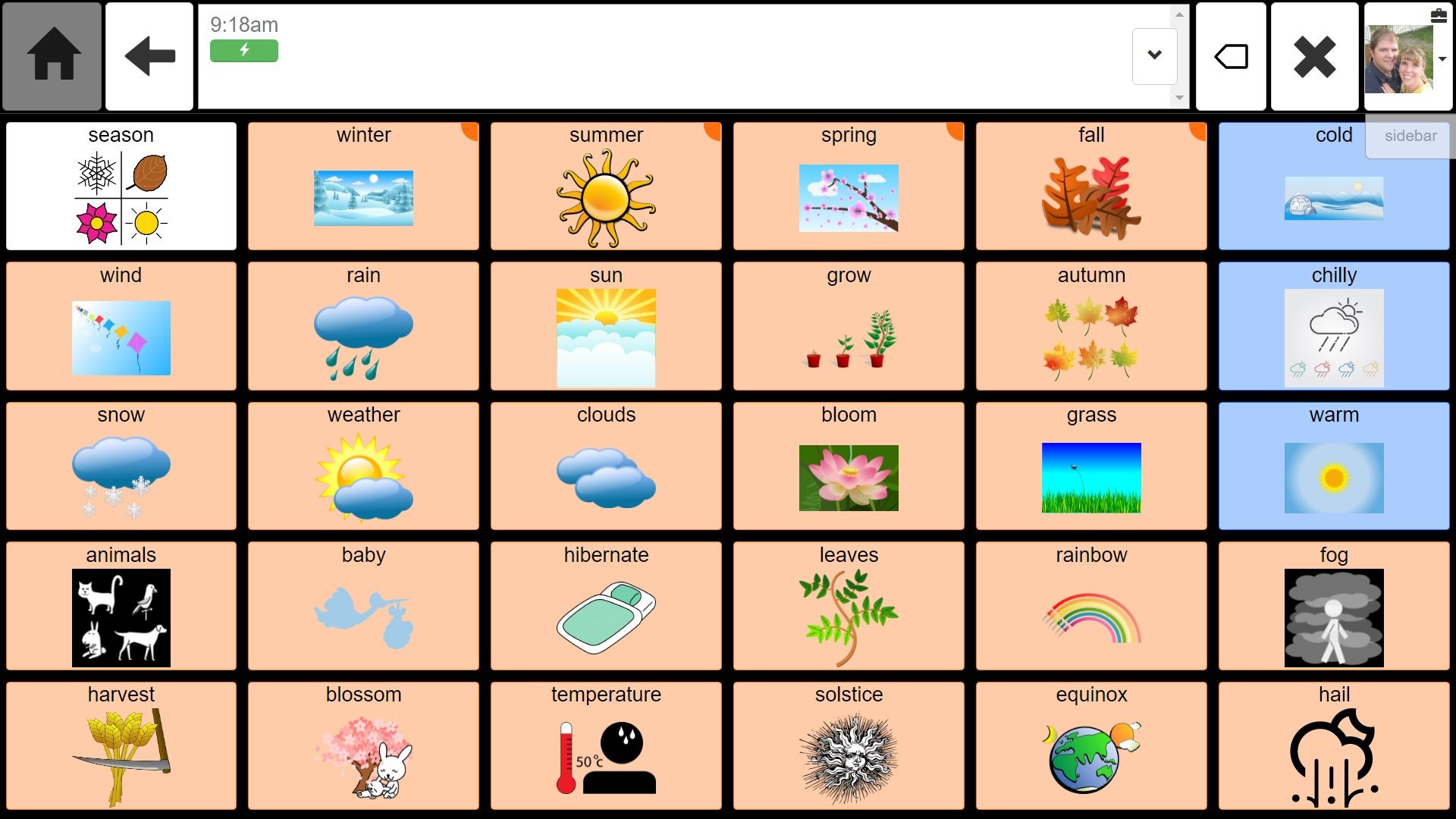 AAC speech board with six columns and five rows.  Speech buttons are about the weather including buttons for season, winter, summer, spring, fall, cold, wind, rain, sun, grow, autumn, chilly, snow, weather, clouds, bloom, grass, warm, animals, baby, hibernate, leaves, rainbow, fog, harvest, blossom, temperature, solstice, equinox, and hail.