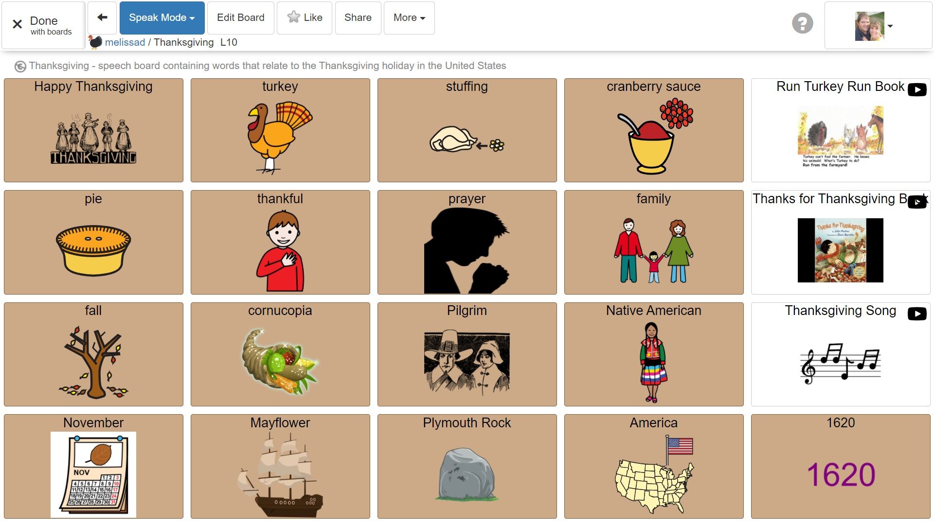 CoughDrop AAC Speech board with 5 columns, 4 rows of buttons each containing a Thanksgiving related word such as turkey, stuffing, pie, thankful, prayer, fall, November, family, etc
