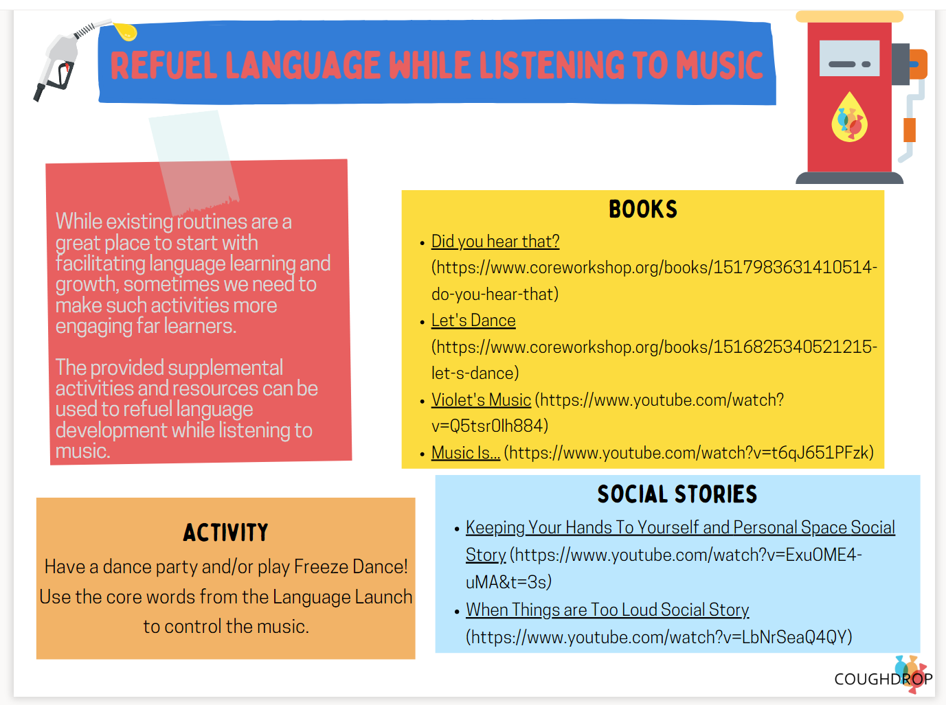 Sections divided by color hold links for resources like activity description, online books and videos, and social stores.  