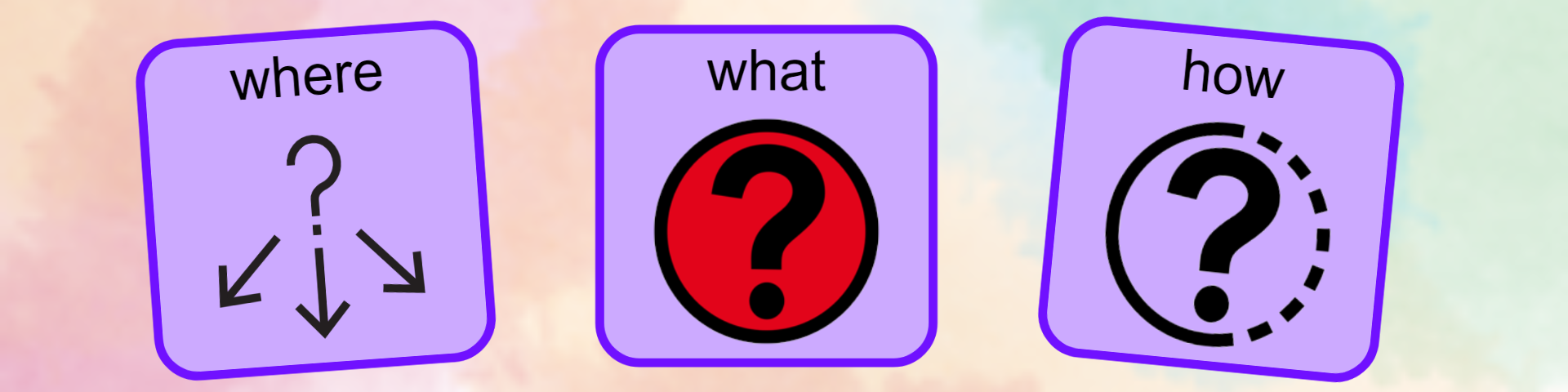 purple speech buttons with the words "where," "what," and "how" on a colorful pastel background.
